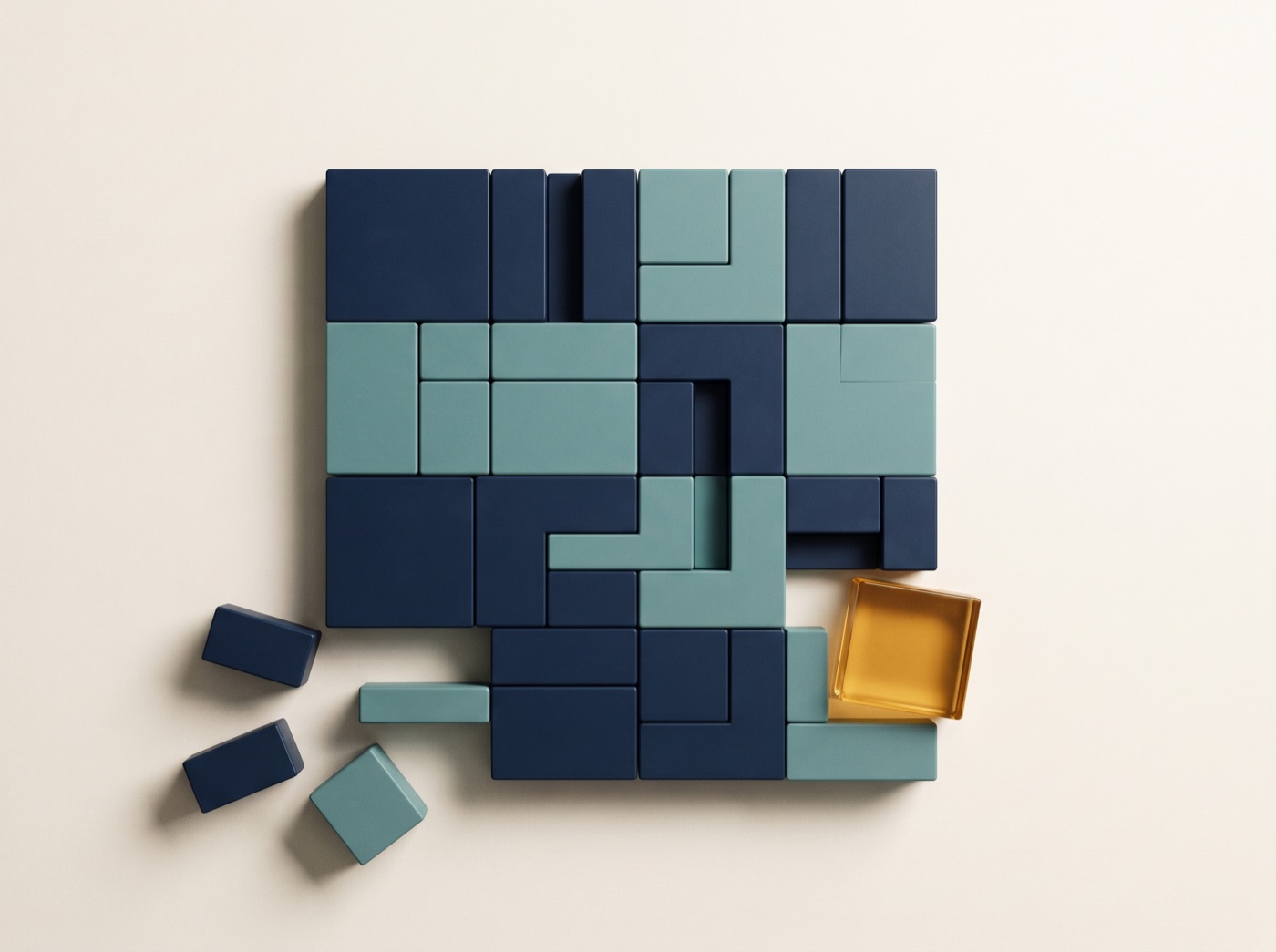 Modular navy and teal blocks assembling into an orderly grid, one amber piece completing it
