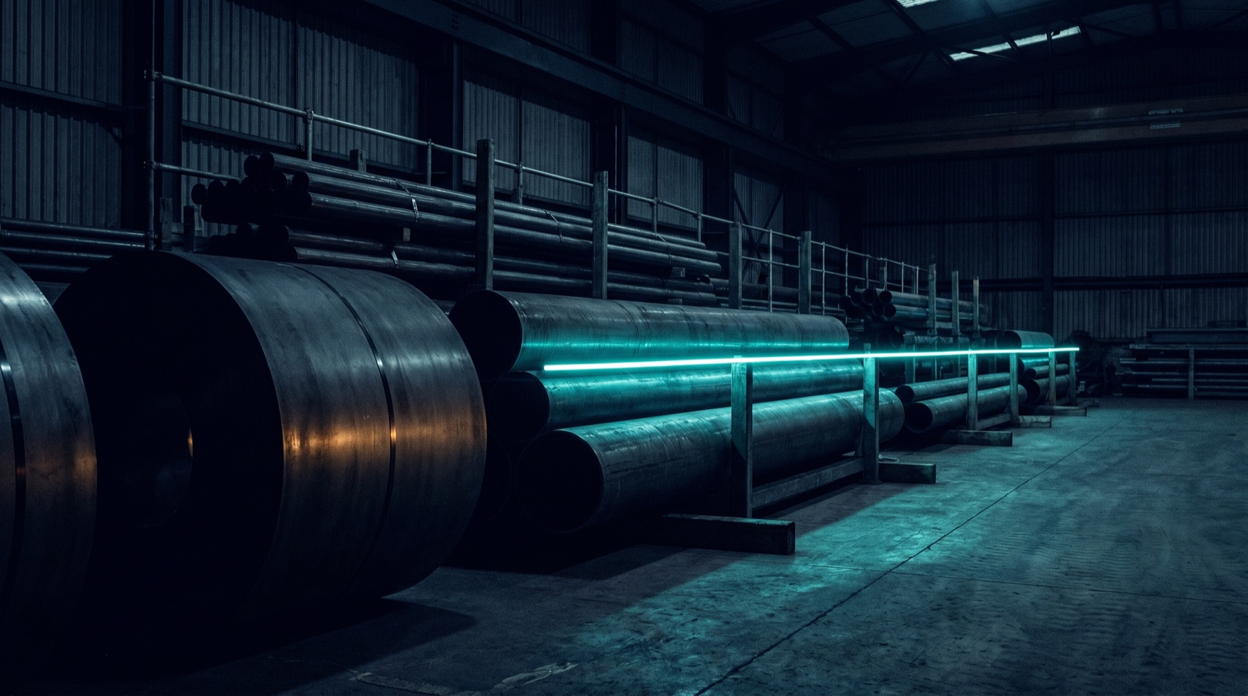 Industrial steel tubes in a dark manufacturing warehouse lit by a band of teal light