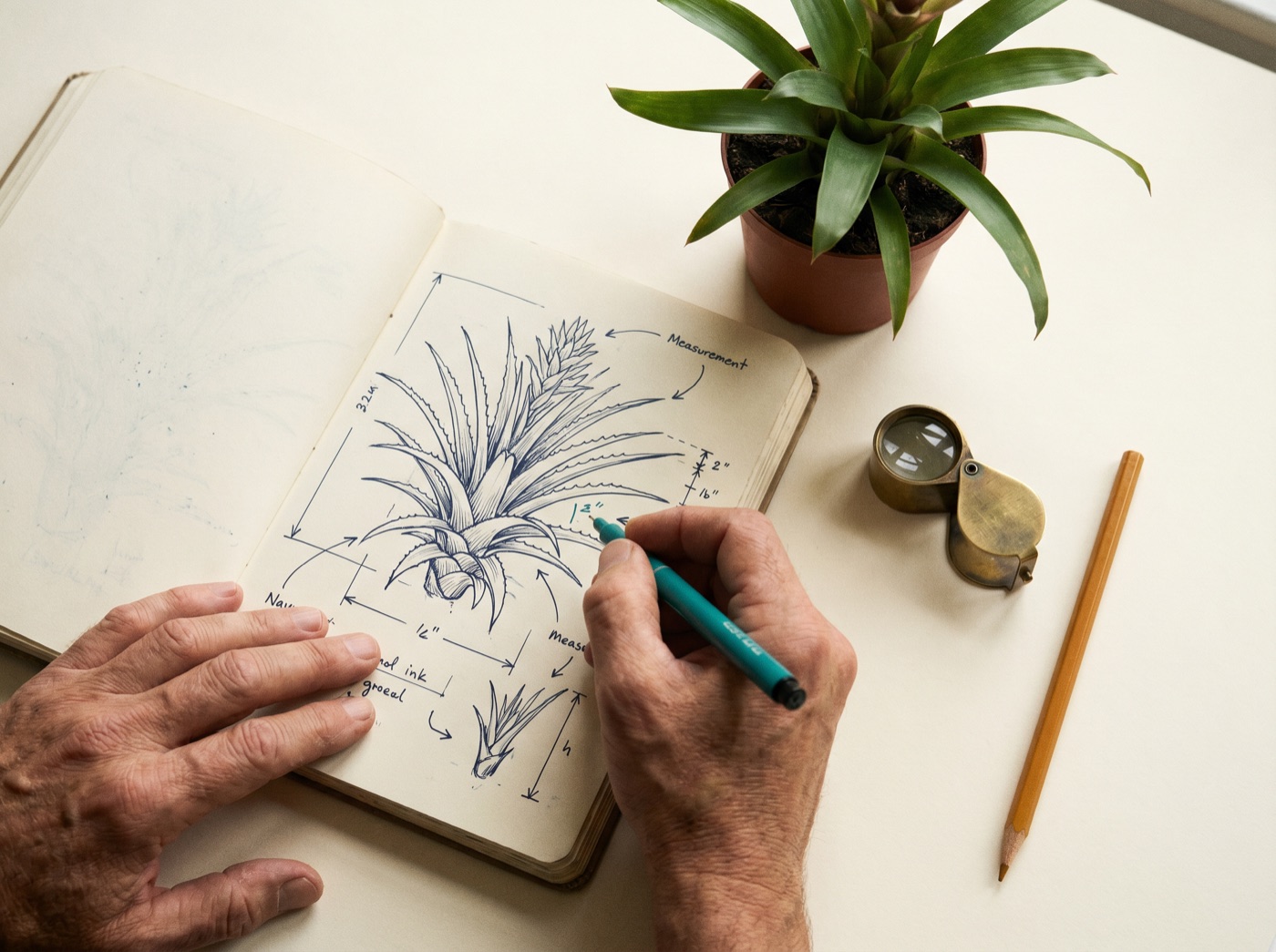 Hands annotating a botanical study diagram in a field notebook with a teal ink pen