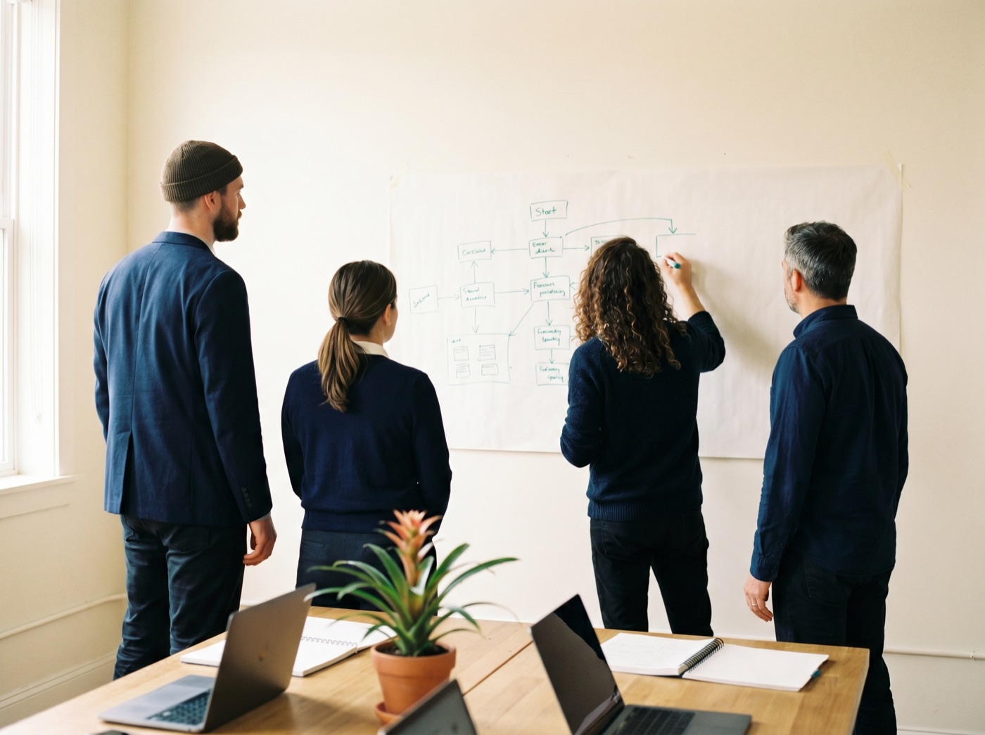 A team in a workshop session sketching an AI workflow diagram on a paper board