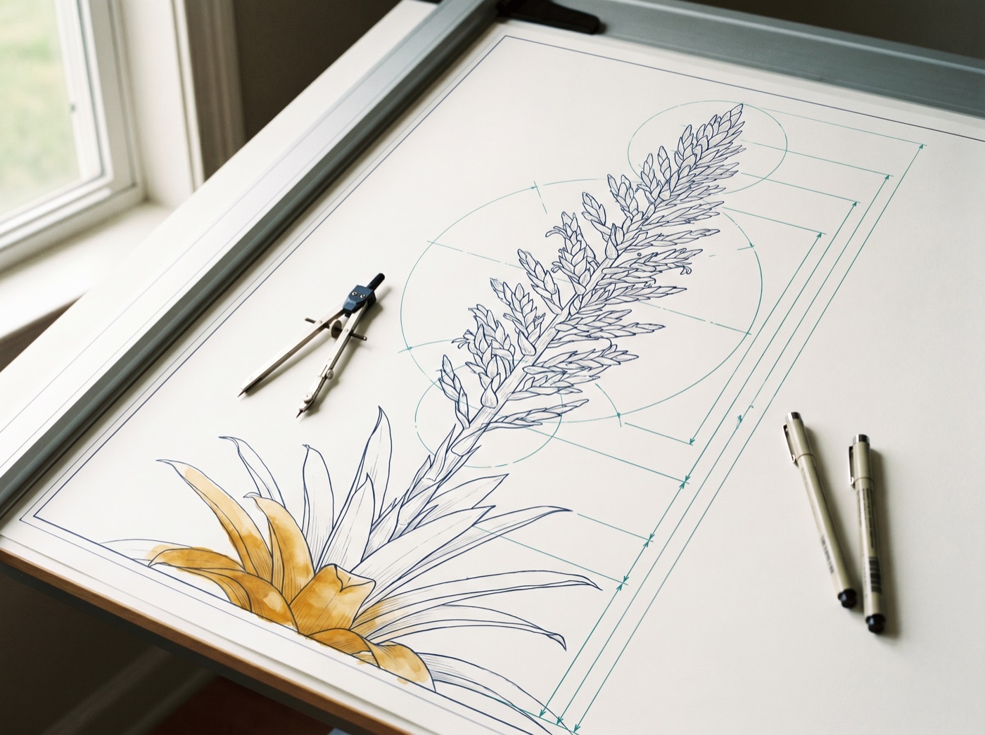 Technical blueprint of a flowering bromeliad spike on a drafting desk, one corner painted in golden watercolor