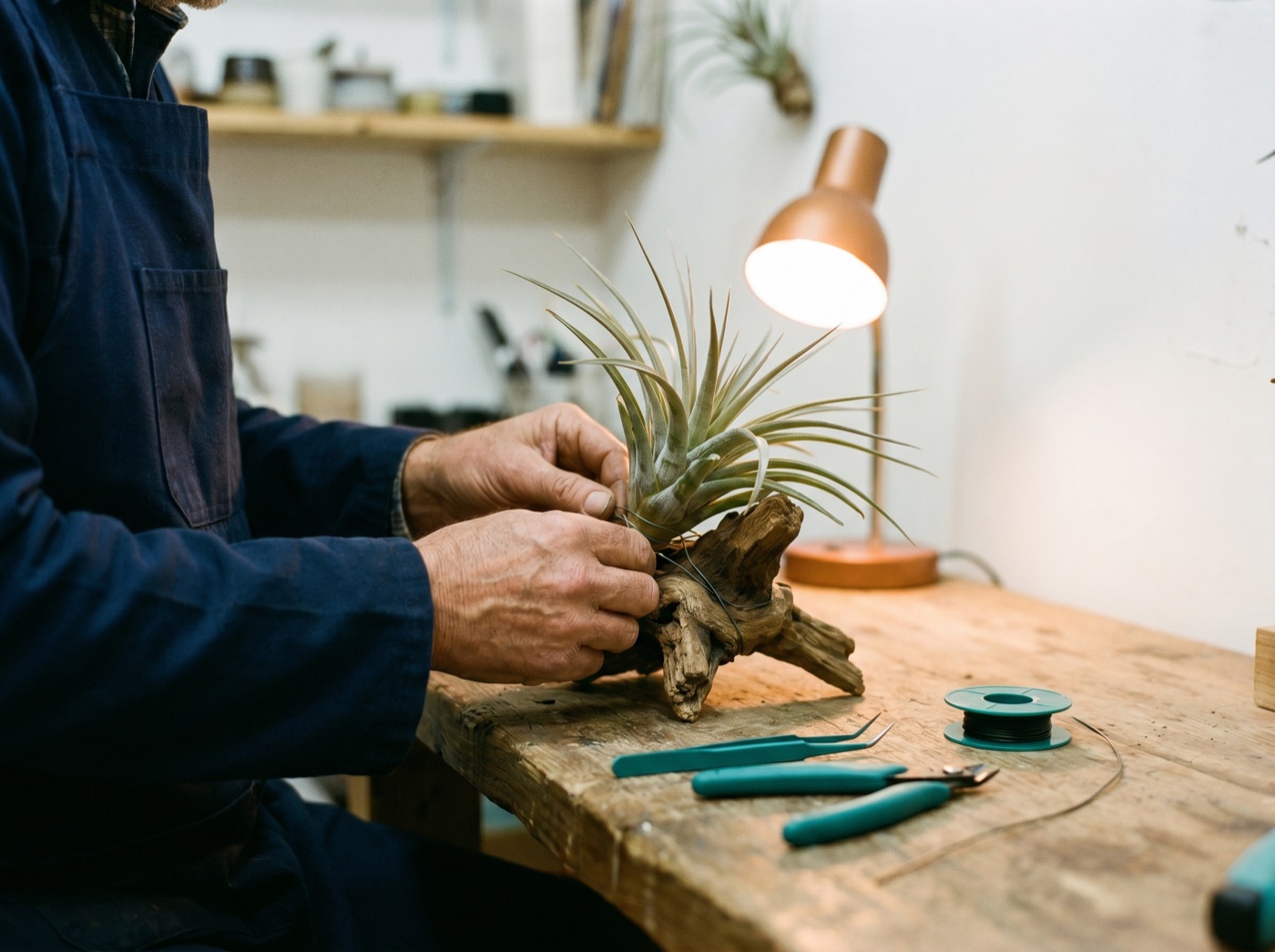 Artisan hands carefully shaping a one-of-a-kind bromeliad specimen on a workshop bench