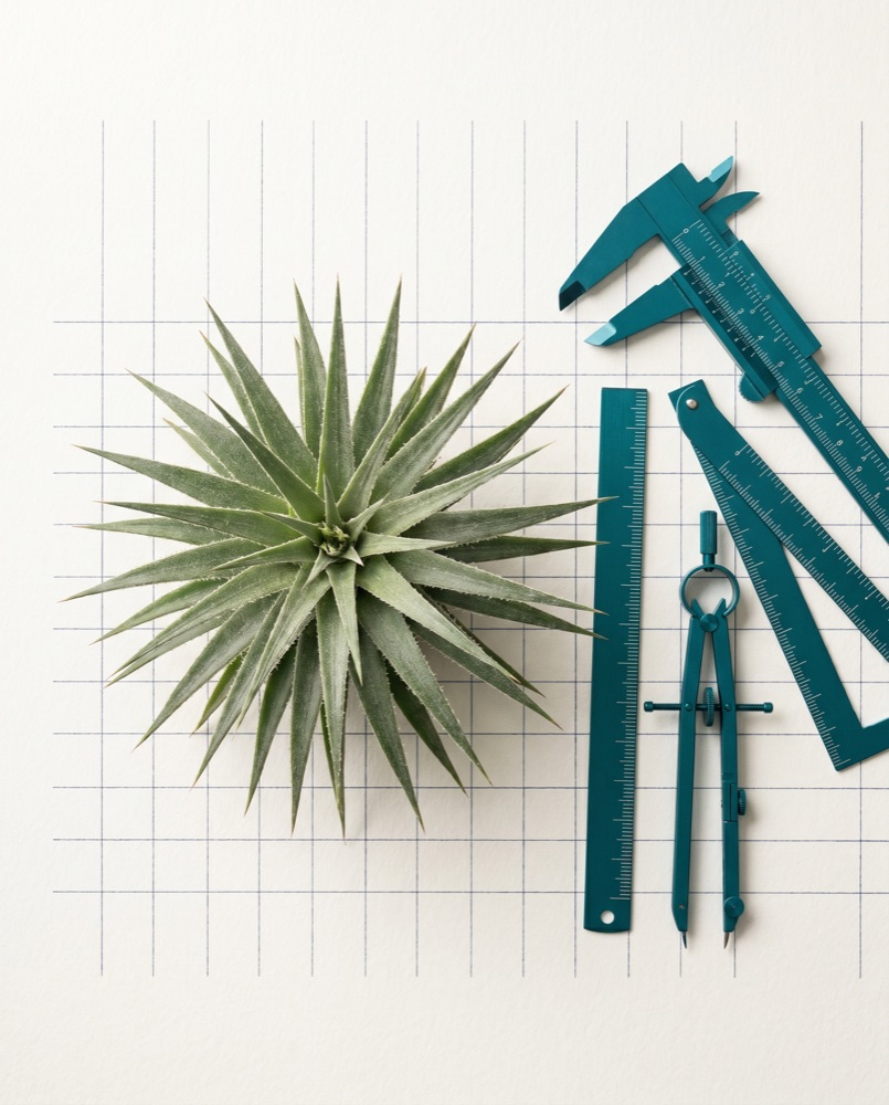 Mature chagual rosette on a measured grid beside teal calipers and drafting instruments