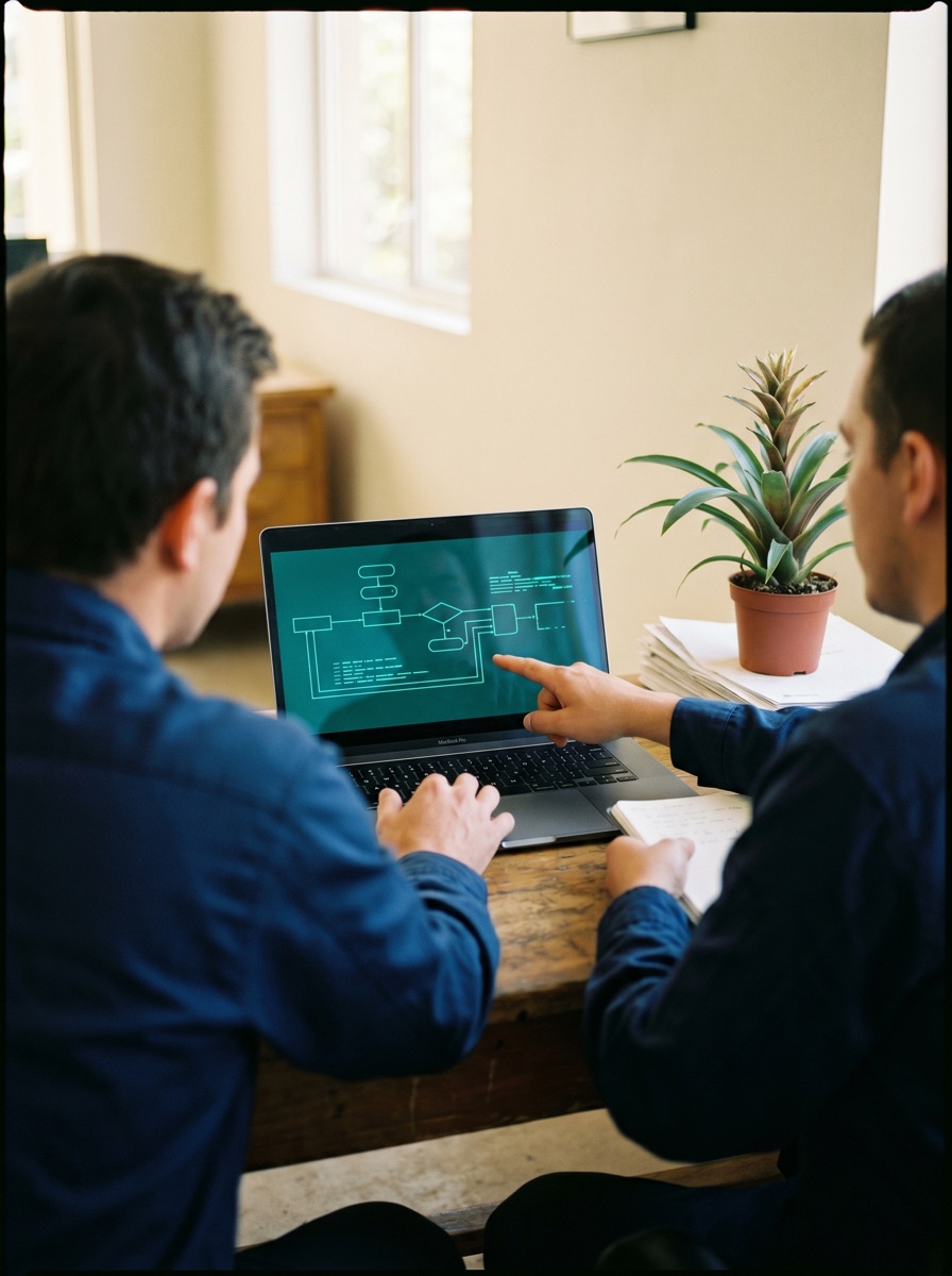 Two colleagues working side by side reviewing an AI workflow diagram on a laptop